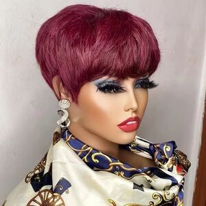 Burgundy Short Pixie Cut Wig Human Hair Machine Made Wigs With Bangs Glueless